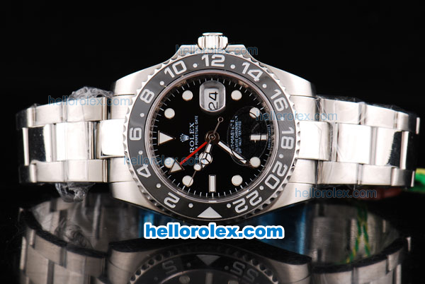 Rolex GMT-Master II Oyster Perpetual Swiss ETA 2836 Automatic Movement Silver Case with Black Ceramic Bezel and Black Dial - Click Image to Close